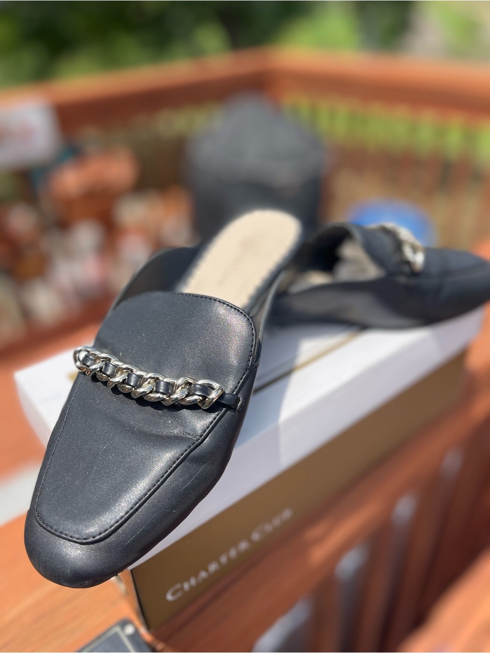 Charter Club Black Chain-Trim Slip-On Mules